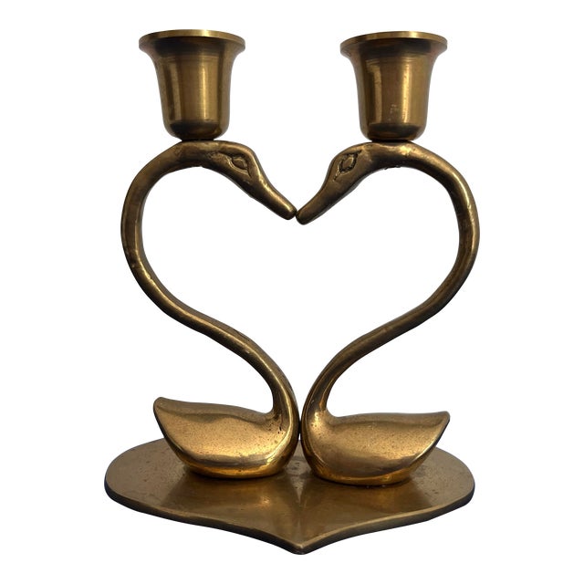 1960s Brass Swans Double Candlestick For Sale