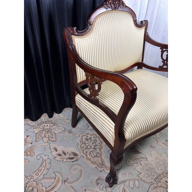 Victorian Late 19th Century Victorian Carved Mahogany Settee in Shimmering Cream & Gold Ball and Claw Feet For Sale - Image 3 of 13