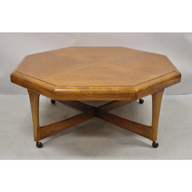 Lane Mid Century Modern Walnut Octagonal Stretcher Base Coffee Table For Sale - Image 12 of 13