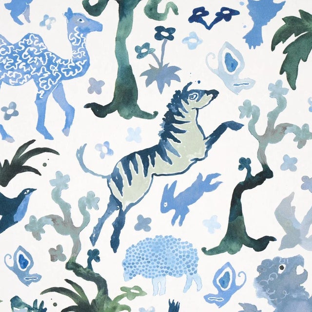 Illustration Schumacher x Happy Menocal Beasts Wallpaper In Blue And Green For Sale - Image 3 of 6