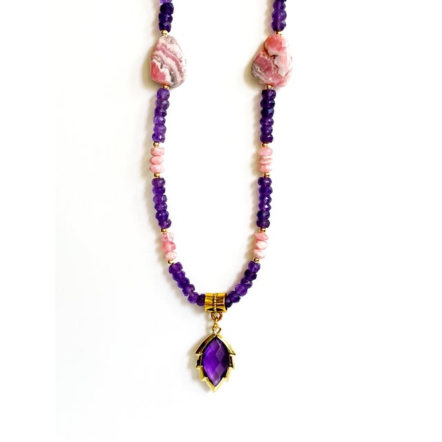 Artisan Amethyst Pendant Necklace With Genuine Argentine Rhodochrosite and Gilded Accents For Sale - Image 16 of 18