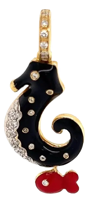 Aaron Basha Diamond Enamel 18k Yellow Gold Seahorse Fish Charm Pendant