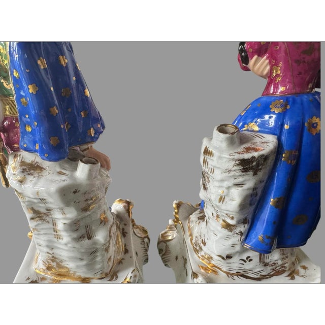 Pair of Antique Victorian Figural Man & Woman Porcelain Statue Scupltures For Sale - Image 6 of 9