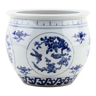 Vintage MCM Chinese Porcelain Blue and White Birds Garden Scene Planter For Sale