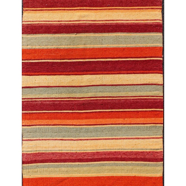 Vintage Hand Woven Turkish Kilim Runner With Stripes in Red, Green, Yellow, and Orange For Sale - Image 4 of 11