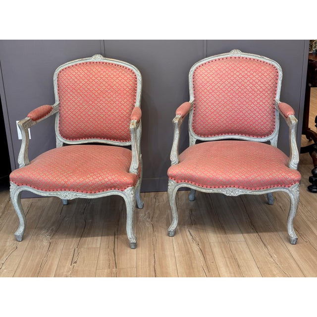 Late 18th Century Pair of Late 18th C. French Fauteuils in Fortuny Fabric For Sale - Image 5 of 14