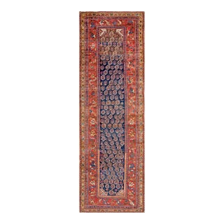 1930s Blue Navy Paisley Tribal Antique W. Persian Kurdish Rug 3'10" X 12'2" Handknotted Wool Carpet For Sale