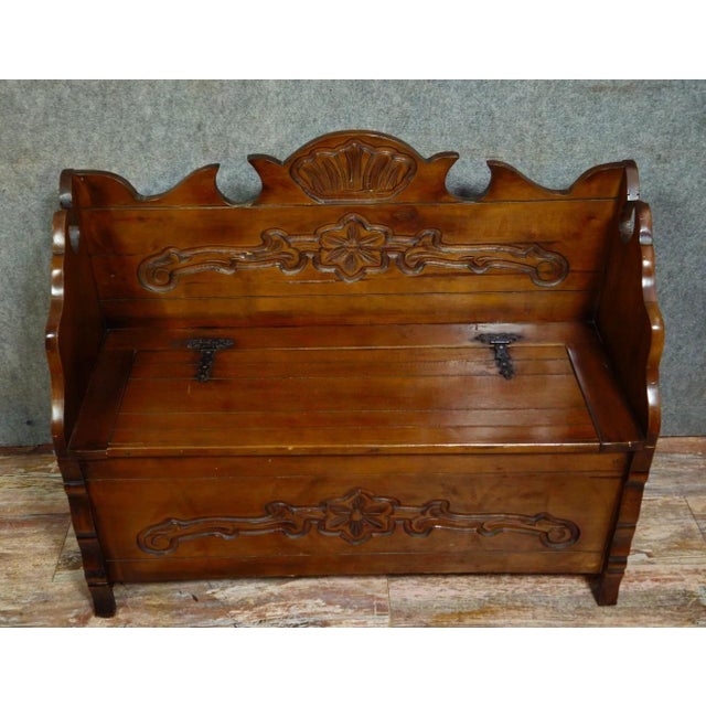 Wood Antique 20th Century Carved Wood Bench-Chest For Sale - Image 7 of 7