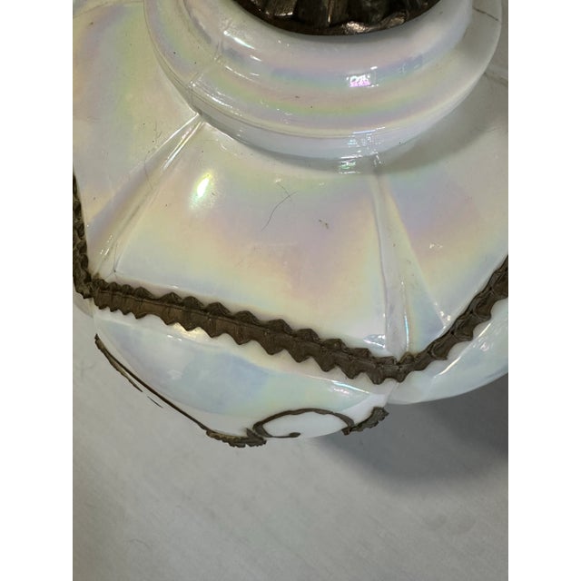 Pair of Hollywood Regency Lamps Large Opalescent Iridescent White Glass Bodies W/ Bronze Filigree Overlay 3-Way Switch 1970s For Sale In Oklahoma City - Image 6 of 11