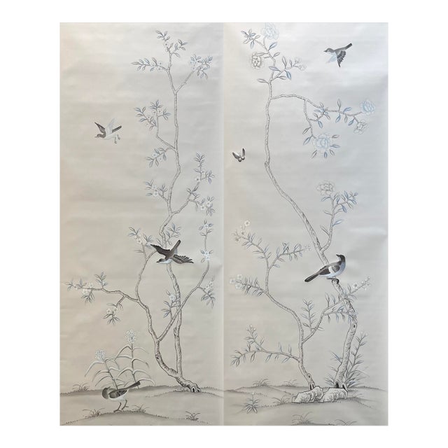 Grey Chinoiserie Mural | 2-Panel Hand-Painted Floral & Bird Wallpaper For Sale