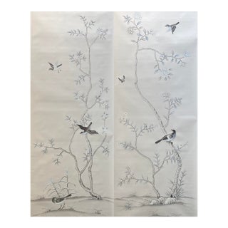 Hand-Painted Soft Grey Chinoiserie Floral & Bird Mural Panels | Luxury Botanical Wall Art Set of 2 For Sale