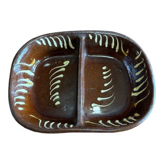Antique English Slipware Red Pottery Decorated Divided Dish, 19th Century For Sale