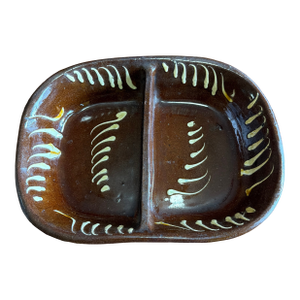 Antique English Slipware Red Pottery Decorated Divided Dish, 19th Century