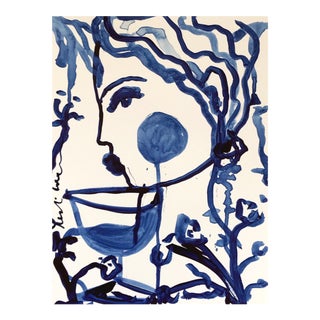 Flowers and Wine in Indigo by Leslie Weaver For Sale