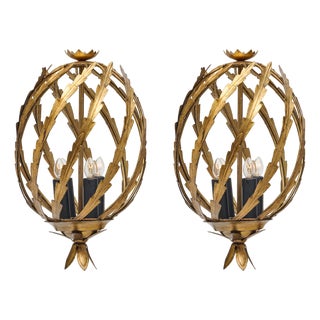 Pair of French Chandeliers, Art Deco Period, Ormolu, Gold Leaf, 1930 For Sale