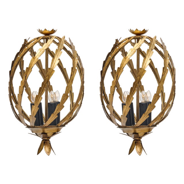 Pair of French Chandeliers, Art Deco Period, Ormolu, Gold Leaf, 1930 For Sale