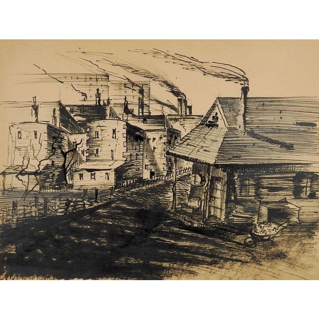 Wpa Style Industrial Cityscape Drawing Circa 1940's For Sale