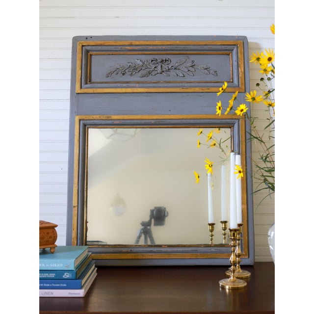 Antique Trumeau Style Gray Painted Wall Mirror With Gold Leaf For Sale - Image 11 of 12
