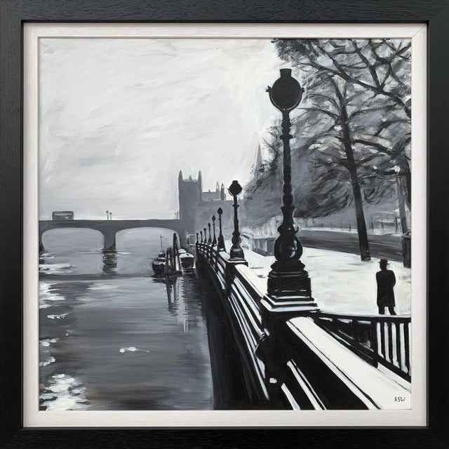 Black Black & White Painting of Victoria Embankment London - Unique Original Art by British Urban Artist, 2019 For Sale - Image 8 of 8