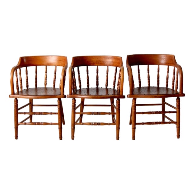 Antique Wood Captain's Chairs Set 3 For Sale
