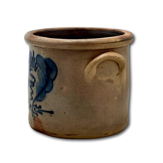 Ceramic Wonderfully Rustic Small 1 Gallon Size Antique MId 1800s American Blue Decorated Stoneware Storage Crock 7 Inches Tall For Sale - Image 7 of 18