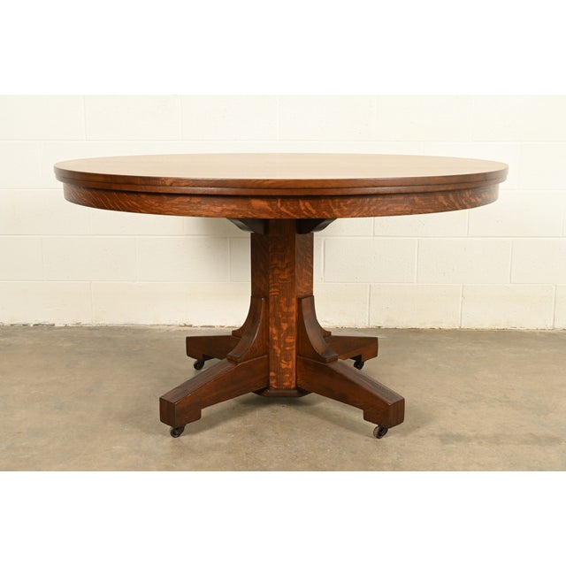 Stickley Brothers Style Antique Mission Oak Arts & Crafts Pedestal Extension Dining Table, Newly Refinished For Sale - Image 12 of 13