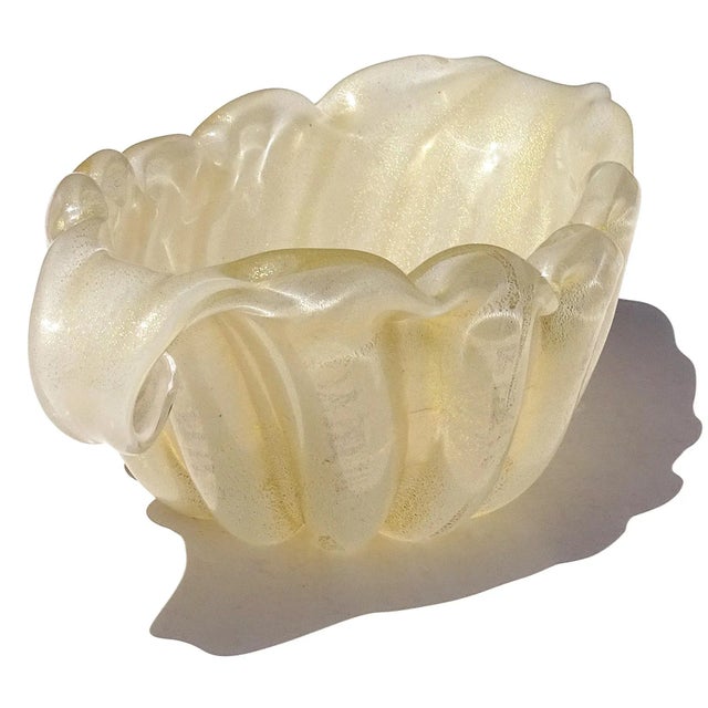 Vintage Barovier Toso Murano White Gold Flecks Italian Art Glass Flared Scallop Rim Curled Sides Bowl For Sale In Orlando - Image 6 of 7