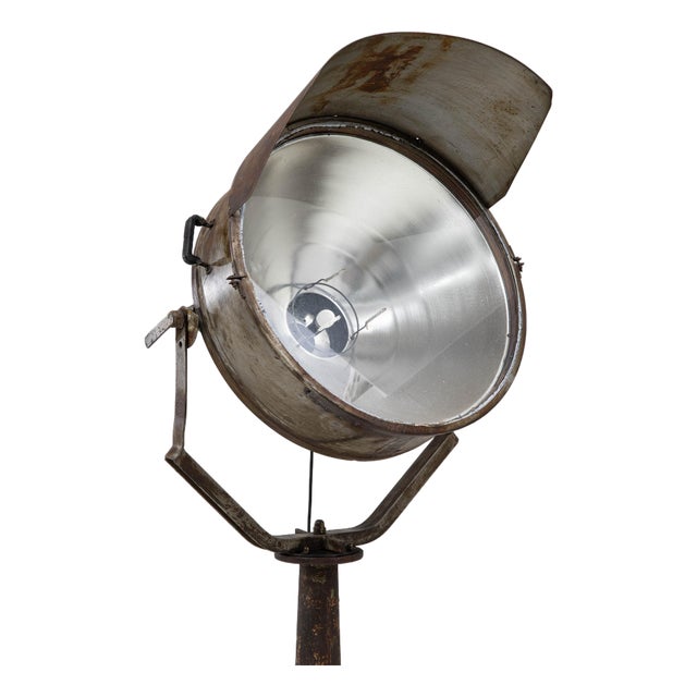 20th Century Czech Republic Aged Brass and Bronze Oversized Studio Spotlight Lamp On A Tripod Stand For Sale