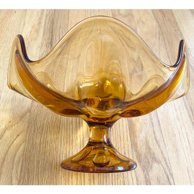 Viking Glass Company 1960s Viking Art Glass Epic Amber Six Petal Footed Wavy Pedestal Compote Bowl For Sale - Image 4 of 7
