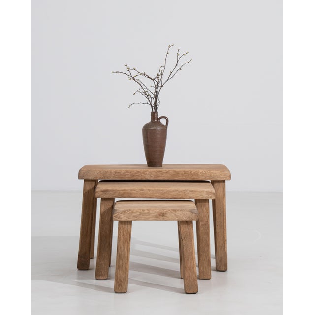 Set Of Three Oak Brutalist Nesting Tables For Sale - Image 4 of 9