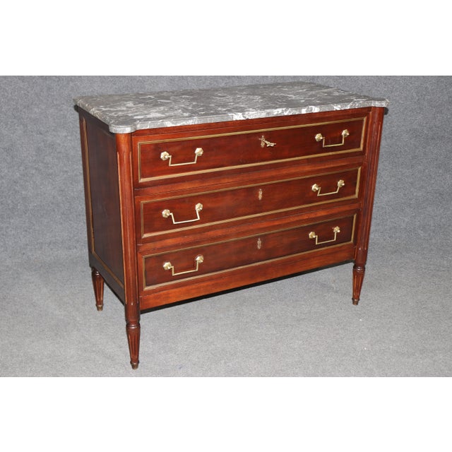 Antique French Louis XVI Style Brass Mounted Marble Top Commode For Sale - Image 4 of 15