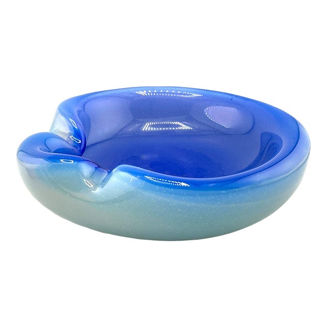 Vintage Italian Murano Opaline Blue & White Cased Pinch Glass Ashtray Catchall For Sale