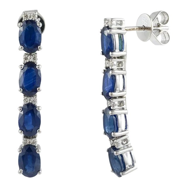 Art Deco Diamond Blue Sapphire Long Dangle Earrings in Solid 14k White Gold - 2 Pieces For Sale