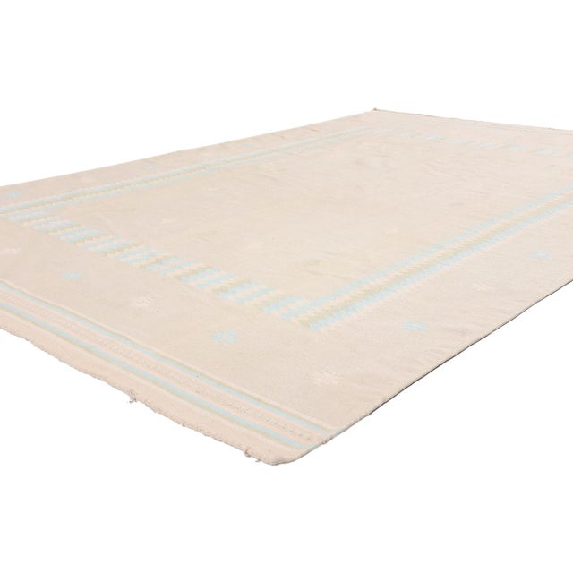 79612 Vintage Indian Dhurrie Rug, 05'10 x 08'10. The Silent Desert Horizon: A Vintage Dhurrie Masterpiece of Southwest...