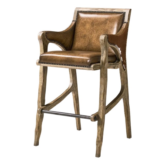 Rustic Western Leather & Hide Bar Stool For Sale