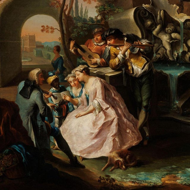 Oil on panel. French school. Mid-18th century.The scene depicts a party within a park enclosed by walls with arched...