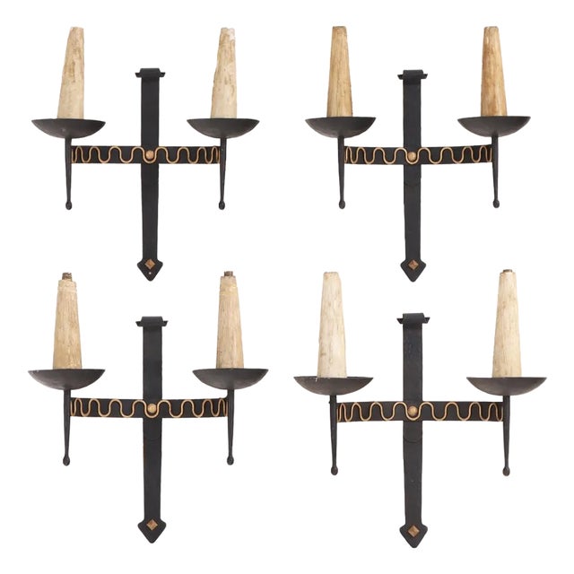 A Set of 4 French Large Gothic Style Iron Wall Sconces, C. 1950. For Sale