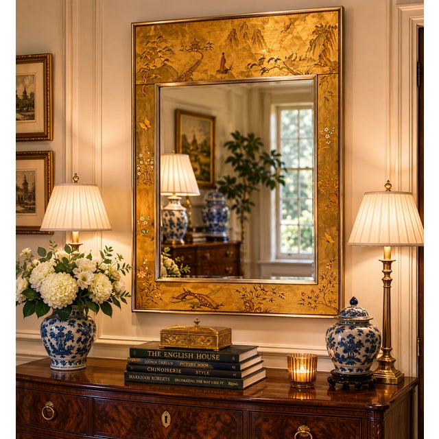 A striking vintage chinoiserie wall mirror by La Barge, made in the USA circa 1980. This elegant piece features reverse-...