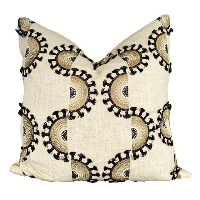 Linen and Black Toned Embroidered Pillows - A Pair For Sale - Image 4 of 6