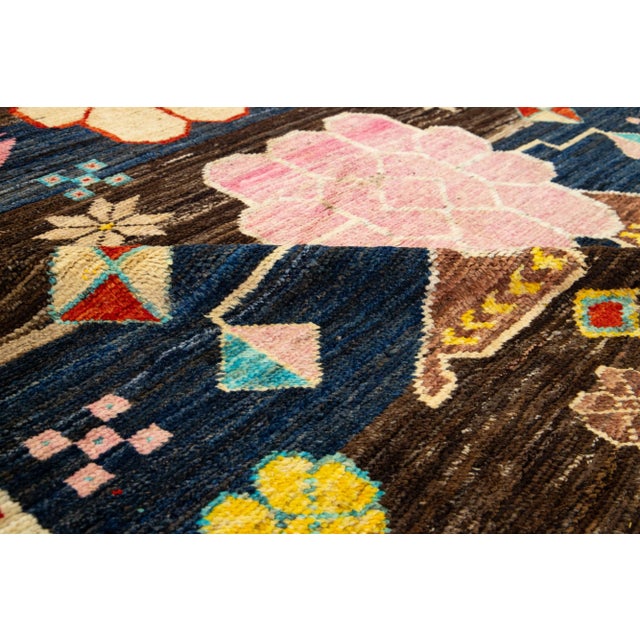 Blue Modern Art Deco Style Handmade Wool Rug With Multicolor Pattern For Sale - Image 8 of 9