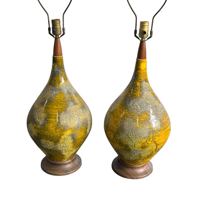 Mid-Century Modern Mid Century 1960s Lava Glaze Yellow Table Lamps- A Pair For Sale - Image 3 of 10