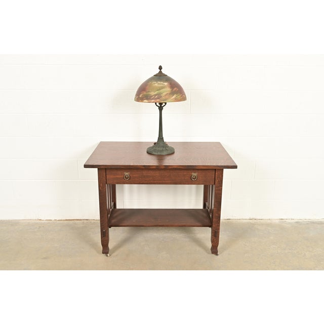 Antique Arts & Crafts Table Lamp With Painted Glass Landscape Scene Shade, Circa 1920s For Sale - Image 14 of 16