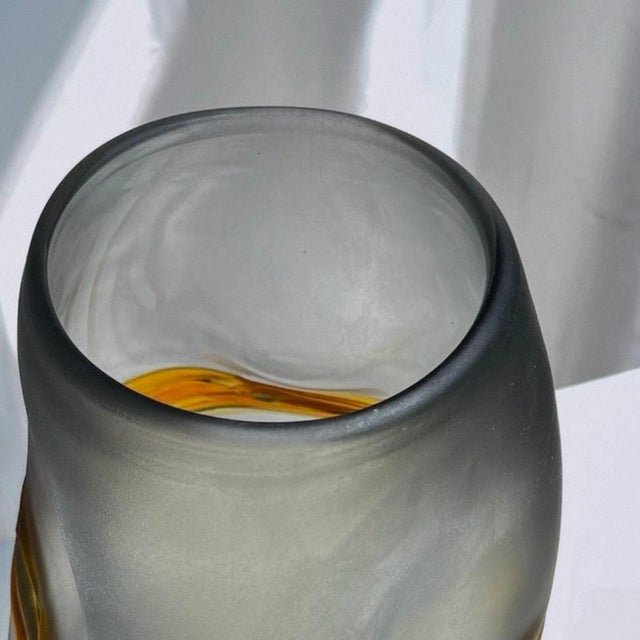 2020s Hand Blown Frosted Grey Art Glass Vase With Wrapped Amber Ribbon ...