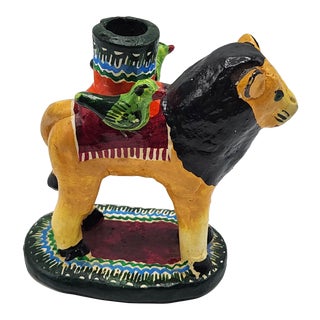 Late 20th Century Mexican Folk Art Pottery Lion Candle Holder For Sale