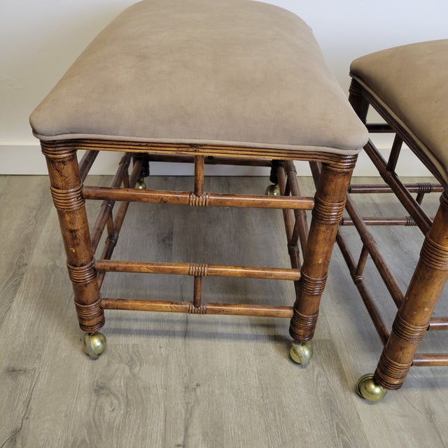 Pair of Stanley Faux Bamboo Footstools on Brass Casters, C. 1970s For Sale - Image 9 of 10