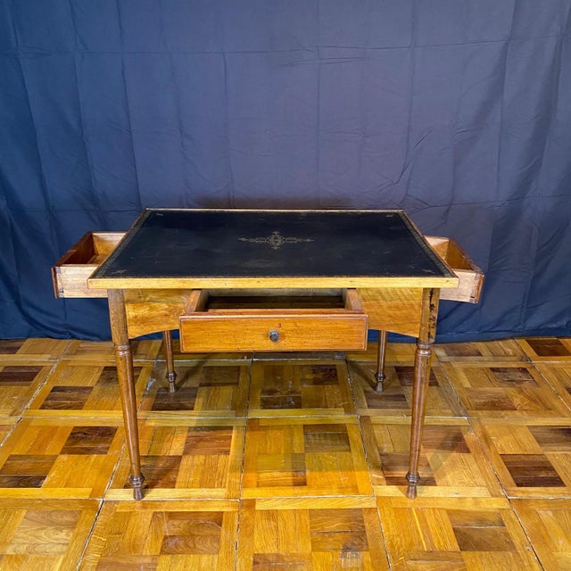 Wood Antique French Elegant Leather Top Game Table With 4 Drawers For Sale - Image 7 of 11