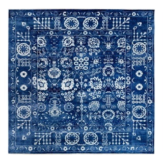 Blue Tone on Tone Tabriz Wool and Silk Square Hand Knotted Oriental Rug For Sale