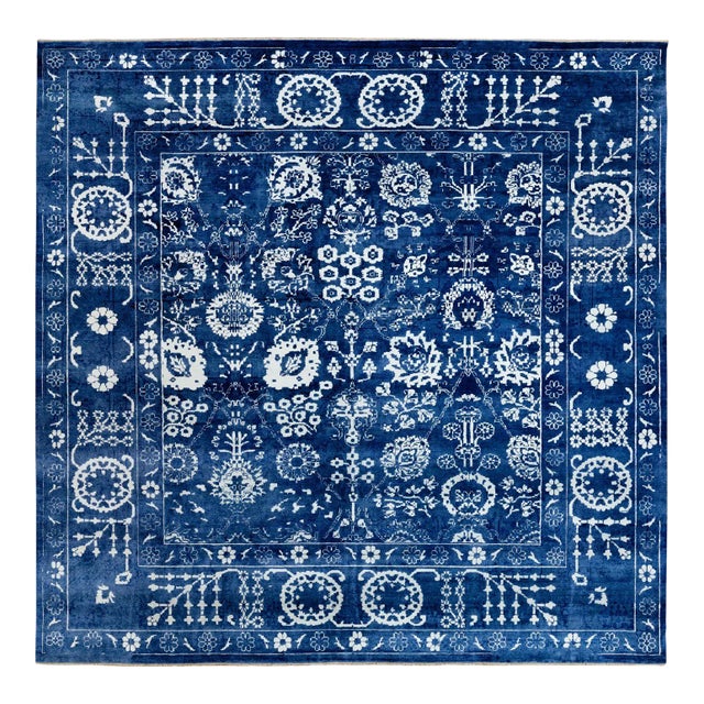 Blue Tone on Tone Tabriz Wool and Silk Square Hand Knotted Oriental Rug For Sale