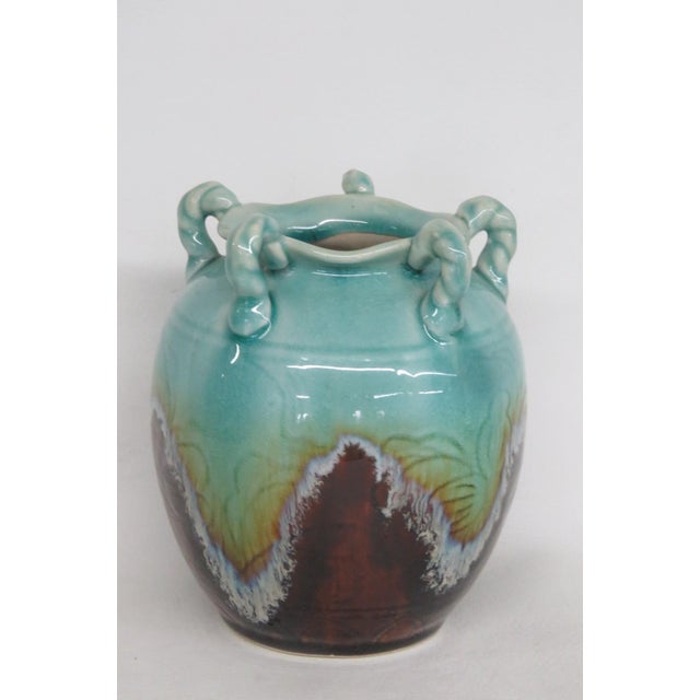 Ceramic Pottery Vase Turquoise Celadon Drip Crackle Glaze 5 Handled Jug 4861b For Sale - Image 10 of 11
