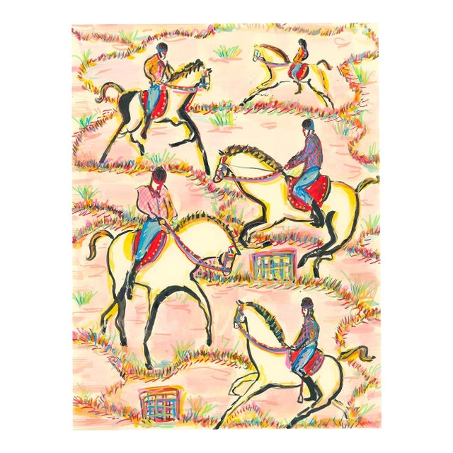 Horses and Jumps Figurative Contemporary Original Watercolor by Pauline De Roussy De Sales For Sale